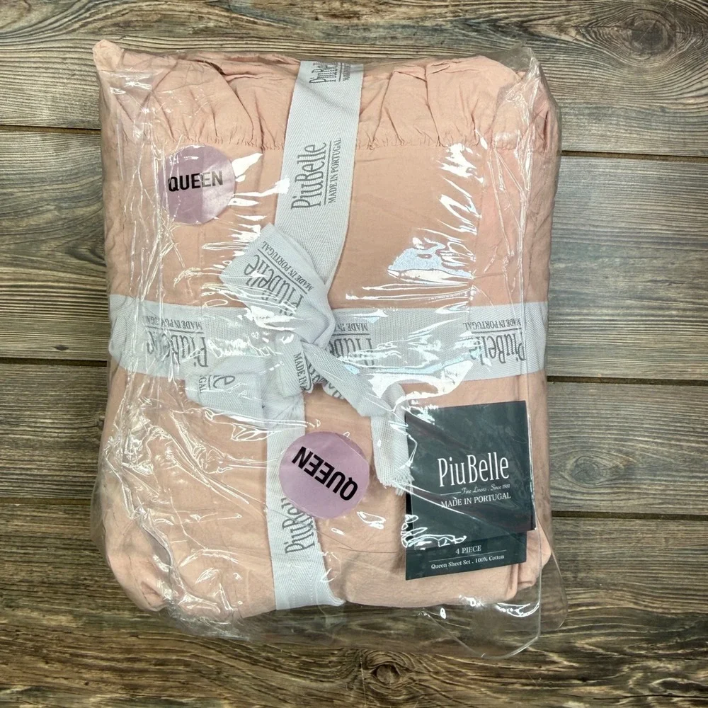 PiuBelle Queen Sheet Set Blush Pink 100% Cotton Ruffle Trim Made in Portugal NEW